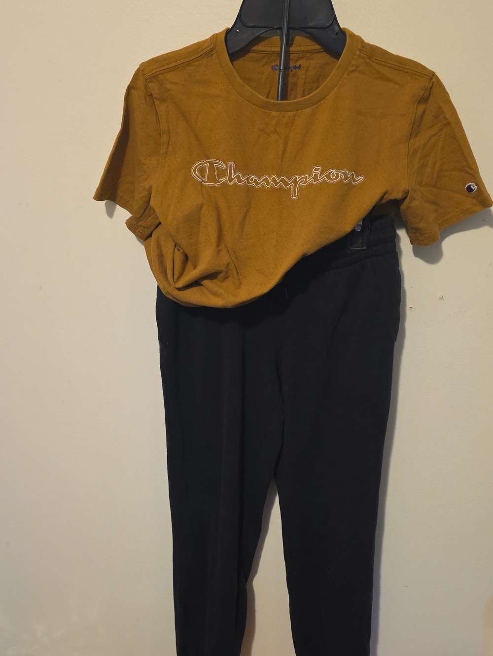 2 Piece Outfit- Champion Mustard Logo Tee with Black Jogger Pants